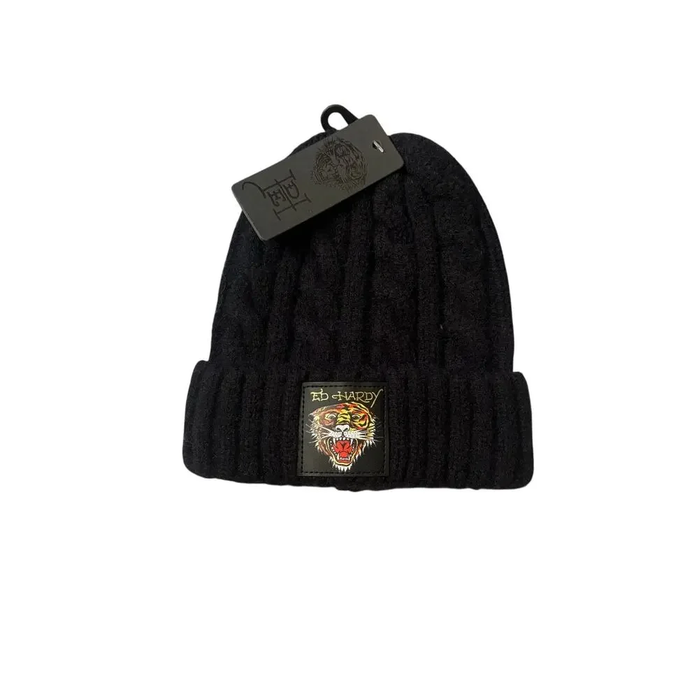 Ed Hardy Knit winter Beanie Hat, black with Ed Hardy tiger logo, New with tags